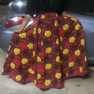 African Ankara Print Ladies Traditional Long Maxi Skirt - Red, Black, Yellow